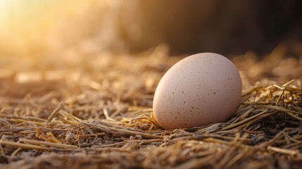 Poster - Freshly laid speckled egg nestled in straw illuminated by golden sunlight, evoking the essence of organic farming and backyard chickens in a tranquil chicken coop setting