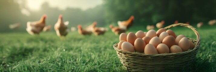 Poster - Wicker basket full of fresh eggs in green grass with free range chickens pecking in the background on a sunny morning, representing organic farming and healthy food production