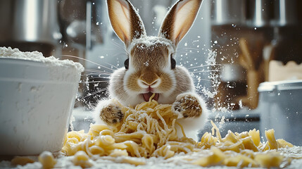 playful bunny chef in a floury kitchen making pasta cook food cute meal funny chaos white brown imag