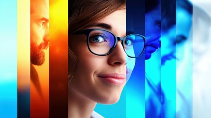 Poster - An artistic composition featuring a man, a woman with glasses, and vibrant colors in a unique portrait.