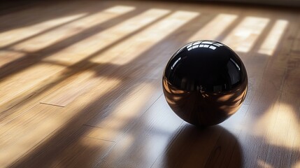 Poster - Shiny black sphere on wood floor with sunlight streaming through window home interior design concept photo