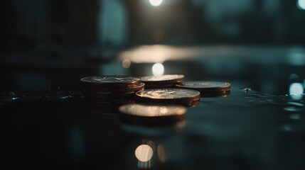 Poster - Coins resting on a wet surface reflecting light in a dimly lit environment at night