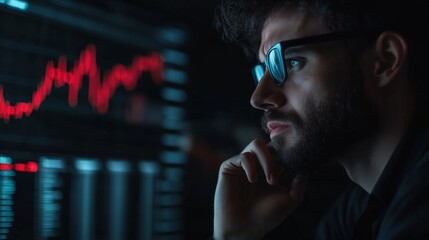 Poster - Man analyzes financial data on multiple screens in a dimly lit room during night hours
