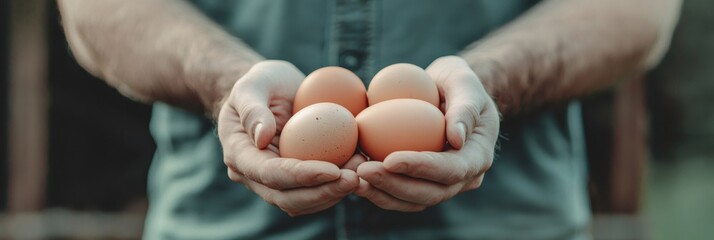 Poster - Farmer holding fresh organic eggs collected from the chicken coop on a local farm, highlighting the essence of organic food, healthy eating, and sustainable agriculture