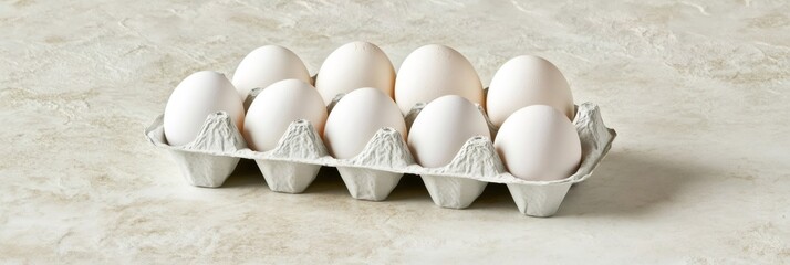 Poster - Ten fresh, white eggs are nestled in a recycled cardboard carton, sitting on a pristine marble countertop, ready for culinary use or representing farm fresh goodness