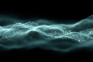 Fototapete - Digital abstract representation of flowing waves with glowing particles on a dark background