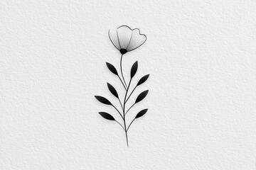 Poster - Black and white minimalistic floral design featuring a single flower and leaves on textured background