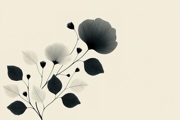 Poster - Elegant botanical illustration featuring black flowers and delicate leaves on a cream background