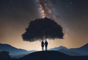 Wall Mural - starry happy travelers under copy woman couple space night standing man way milky tree hill hugging landscape sky silhouette hug people female mountain star travel universe astronomy background love