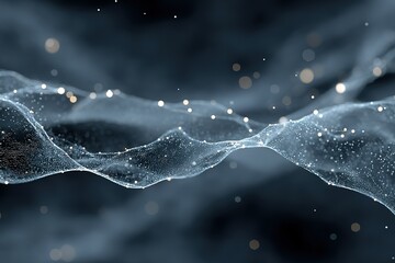 Fototapete - Abstract representation of a glowing fluid wave with floating particles in a dark background