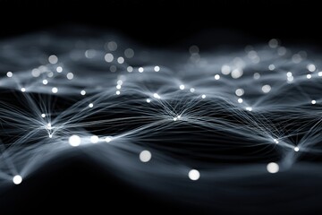Poster - Visual representation of abstract connections in digital space with glowing nodes and flowing lines