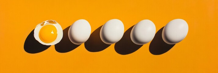 Aufkleber - One cracked open egg revealing its bright yellow yolk sits beside four whole white eggs, all casting shadows on a vibrant orange backdrop, creating a visually striking contrast