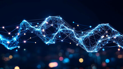 Poster - Abstract Blue Data Wave Design With Glowing Dots Over Blurred City Lights