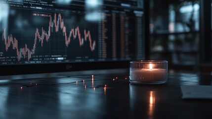 Poster - Candles and market trends illuminate a workspace late at night for focused trading