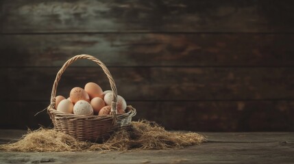 Poster - Wicker basket full of fresh organic chicken eggs is placed on a bed of straw on a rustic wooden table, creating a charming farm fresh scene