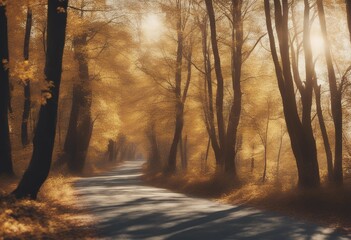 Wall Mural - trees through landscape sun autumn road yellow forest beautiful auto shining sunny red season enviro