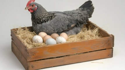 Poster - Grey hen incubating colorful fresh organic free range eggs laid in a wooden crate filled with straw in a chicken coop, representing sustainable local farming and healthy food production