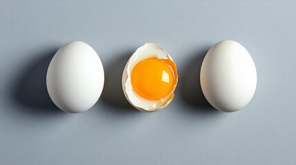 Aufkleber - Two whole white chicken eggs flanking a broken egg with a vibrant orange yolk against a simple gray backdrop, highlighting freshness and organic food themes