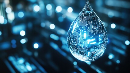 Fototapete - Macro water droplet showcasing digital circuit reflection, blending nature with technology in a serene environment