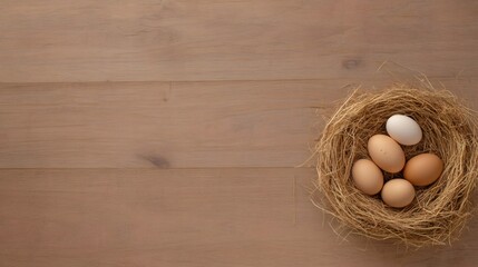 Poster - Five fresh organic chicken eggs, varying in shades of brown and white, lie nestled in a straw nest on a rustic wooden table, evoking a sense of farm fresh goodness and healthy eating