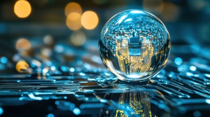 Aufkleber - Macro water droplet reflecting a digital circuit blending nature and technology in a futuristic setting