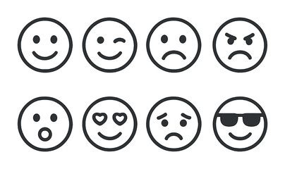 Set of eight minimalist emoji faces displaying various emotions.