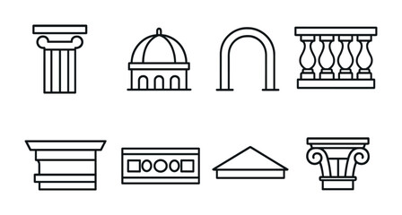 Set of architectural icons: columns, domes, arches, and balustrades in line art.