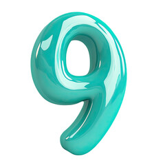 Poster - Isolated turquoise glossy number nine with transparent background, perfect for design and typography projects.