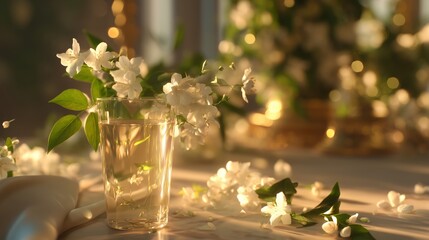 Poster - morning sunlight illuminates a glass of water near blooming jasmine flowers on a decorated table
