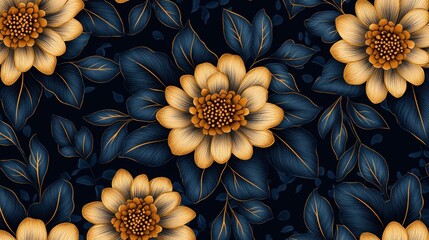 Poster - elegant floral pattern with golden blooms and dark background ideal for elegant design projects and 