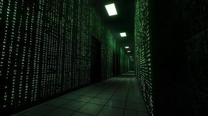 Poster - Dark Server Room Corridor With Glowing Green Panels