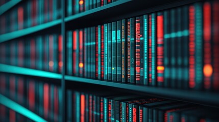 Poster - Abstract representation of digital library with glowing spines and data streams in futuristic environment