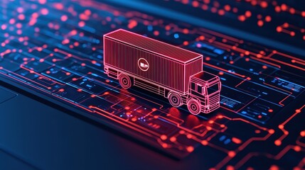 Poster - Digital Truck Transport Concept Overlaid on Circuit Board with Neon Glows and Futuristic Design Elements