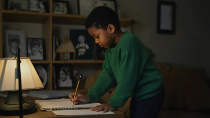 Poster - A young boy focused on writing on a piece of paper.