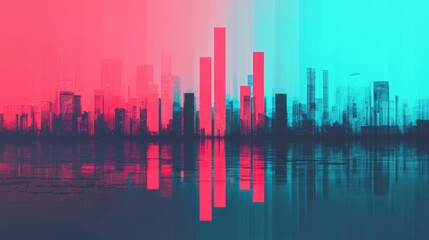 Poster - Vibrant Abstract City Skyline Reflection in Neon Colors with a Blend of Pink and Cyan Hues