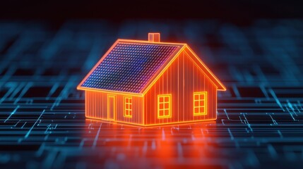 Poster - Futuristic Digital House Model with Solar Panels on Blue Circuit Board Background