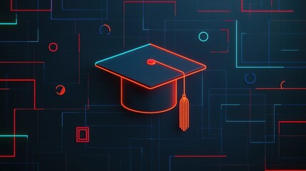 Poster - Neon Graduation Cap Illustration on Abstract Digital Background with Geometric Shapes and Lines