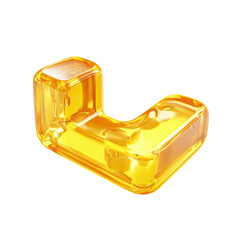 Poster - Abstract yellow glass L-shaped object isolated on transparent background. Geometric design with glossy finish and light reflections.