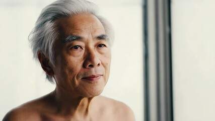 Poster - A shirtless Asian man stands at a window, gazing outside.