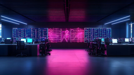 Poster - Futuristic Data Center Control Room With Pink And Blue Neon Lights