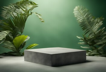 Aufkleber - empty natural made case leaves green beauty display showcase gray stone background podium scene tropical eco promotion cosmetics an products shadow palm cosmetic product bright dais plant design copy