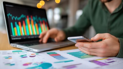 Poster - Analyzing financial data with a laptop and smartphone in a modern workspace
