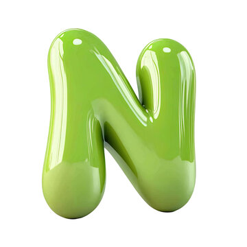 Glossy green letter N against a transparent background. The 3D rendered alphabet character shows a smooth shiny surface and a gradient of green hues. The letter is isolated creating a clean design.