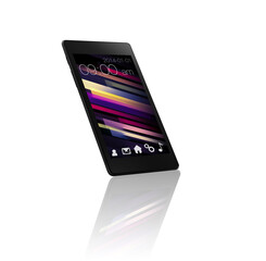 Poster - Phone screen, technology and icons of mobile in studio isolated on a white background mockup space. Smartphone, cellphone and display of digital electronics, software and app ui for social media