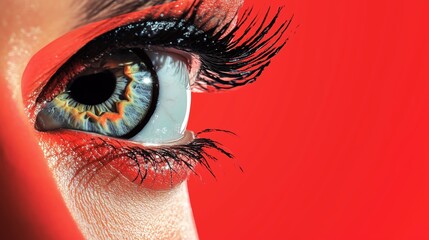 Poster - Close-up view of a striking eye with intricate details and bold makeup against a vibrant red background