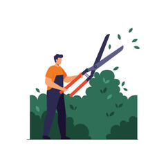 Poster - Gardener using shears to trim bushes in flat vector art illustration