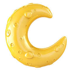 Poster - Glossy Yellow Crescent Moon Isolated on Transparent Background with Smooth Surface and Circular Dents. Symbolic Representation.