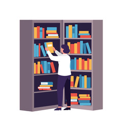 Poster - Person placing book on shelf in flat vector illustration