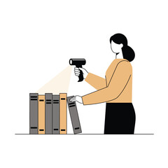 Poster - person using scanner to organize books in a minimal flat vector art