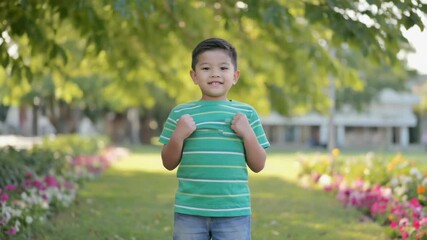 Poster - A young boy is shown flexing his muscles in a park, great for use in health and fitness or sports-related concepts.